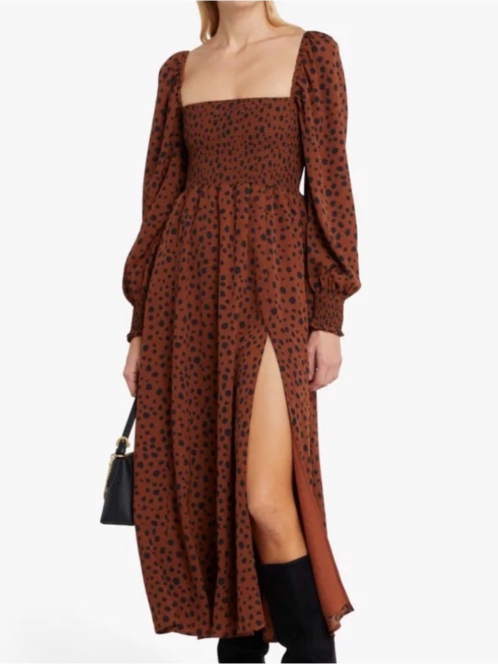 OPT Smocked Square-Neck Long Sleeve Maxi Dress in Brown Spot